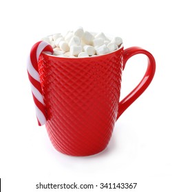 A Red Cup Of Cocoa, Marshmallow And Christmas Candy, Isolated On White