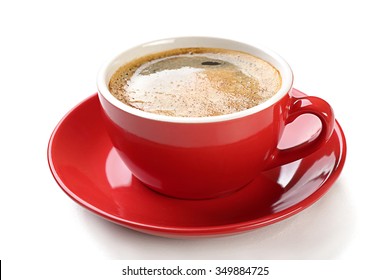 A red cup of tasty coffee, isolated on white
