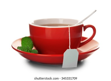 Red Cup Of Tea With Mint Leaves Isolated On White Background