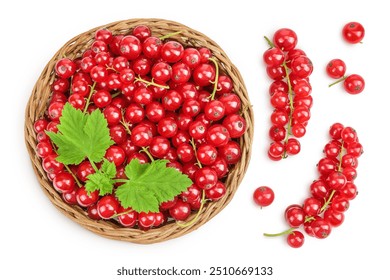 Red currant berries in a wicker basket with leaf isolated on white background. Top view. Flat lay - Powered by Shutterstock