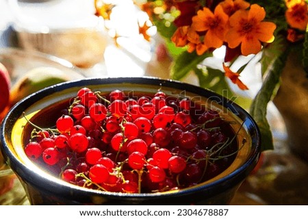 Red currant berries in a wooden plate on the table and a blurred background with red flowers