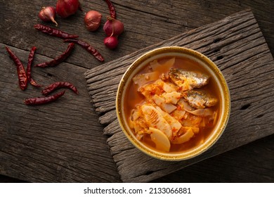 Red Curry Sour Soup Preserved Bamboo Shoot With Canned Fish In A Bowl.Top View