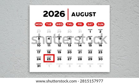 Red cursor highlighting August 25th on a 2026 wall calendar page