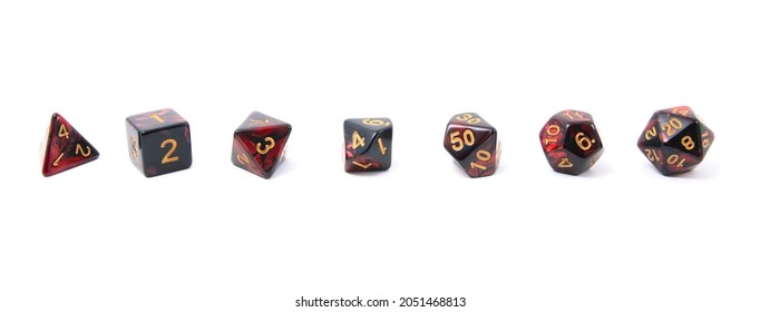 Red d4, d6, d8, d10, d10 (for adding Ten to Rolls), d12, and d20 Polyhedral Dice for RPG Games in Order from Least to Greatest Isolated on White