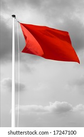 Red Danger Flag At The Beach Before A Storm Or Hurricane