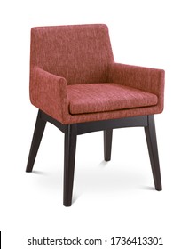 Der Sessel ist rot und dunkel. Moderner Designstuhl auf weißem Hintergrund. Textilstuhl.
