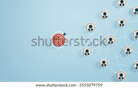 Red dartboard and red arrow connection linkage with human icon for customer focus target group and customer relation management concept.