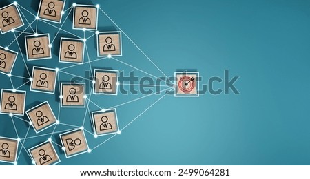 Red dartboard and black arrow connection linkage with human icon for customer focus target group and customer relation management concept.