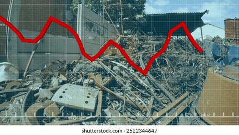 Red declining graph image over industrial scrap yard with rusted metal objects. Decline, industry, recession, collapse, economy, crisis - Powered by Shutterstock