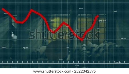Red declining graph image over industrial factory background. Economy, recession, downturn, industry, manufacturing, loss