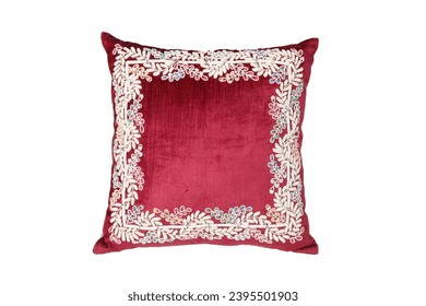  red decorative pillow with floral embroidery isolated on white background - Shutterstock ID 2395501903