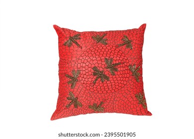  red decorative pillow with floral embroidery isolated on white background - Shutterstock ID 2395501905