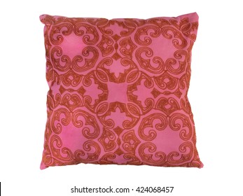 Red decorative pillow with a pattern of threads embroidered. Isolated on white background.