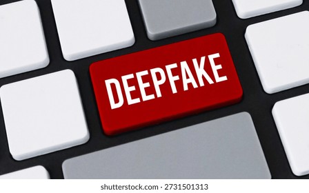 Red deepfake button on computer keyboard. Concept of artificial intelligence deception and media manipulation.