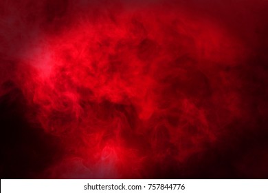 Red Dense Fluffy Puffs of White Smoke and Fog on Black Background, Abstract Smoke Clouds, All Movement Blurred, intention out of focus, and high low exposure contrast, copy space for text logo