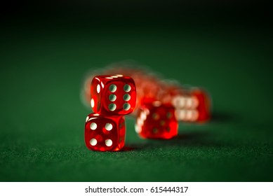 Red Dices In Montion. Casino Background.