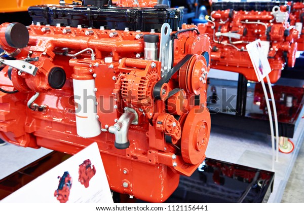 Red diesel engine for trucks and construction\
machinery on exhibition