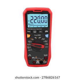 Red digital multimeter with LCD display showing 220V DC voltage reading. True RMS electrician tool with auto range, USB interface and multiple measurement functions for electronics and electrical troubleshooting.Digital Multimeter True RMS Displaying 220V AC Voltage Measurement