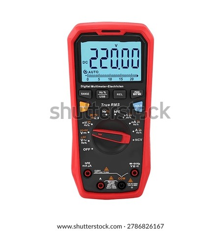 Red digital multimeter with LCD display showing 220V DC voltage reading. True RMS electrician tool with auto range, USB interface and multiple measurement functions for electronics and electrical troubleshooting.Digital Multimeter True RMS Displaying 220V AC Voltage Measurement
