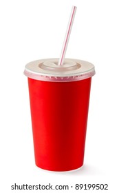 Red disposable cup for beverages and straw  Isolated white 