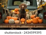 A red dog chills in the back of a pickup truck filled with pumpkins and fall foliage.