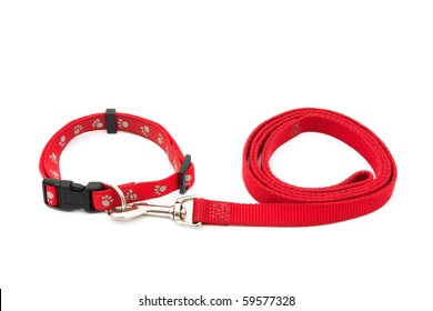 A Red Dog Leash And Collar Isolated On A White Background, Dog Collar And Leash