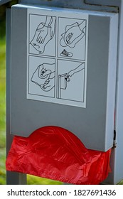 red dog poop bags in a grey metal box and explanatory illustration