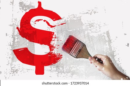 Red Dollar Sign And Brush In Hand On Grundge White Grey Background. Currency Money Financial Concept.