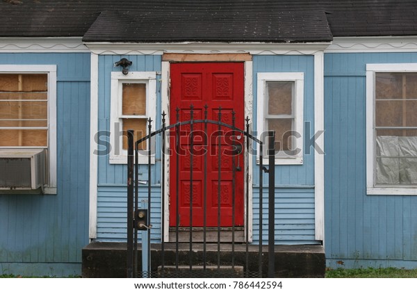 Red Door Blue House Iron Gate Stock Photo Edit Now 786442594