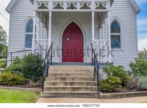 Red Door Church Entrance Ornate Awning Stock Photo Edit Now