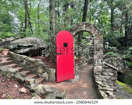 Red door in a forest