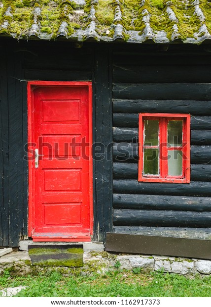 Red Door Window On Black Rustic Stock Photo Edit Now 1162917373