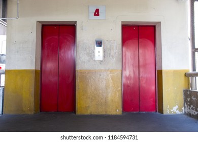 Red Doors Of Old Elevator  Inside The Building With Nobody Looks Scary