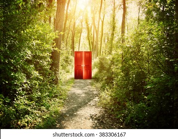 A red doorway is on a trail in the woods with trees for a concept about faith, freedom or opportunity. 