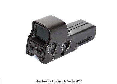 Red Dot Sight For Gun Isolated On White                         