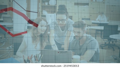 Red downward trend graph image over business team collaborating in office. teamwork, collaboration, decline, financial, analysis, data - Powered by Shutterstock