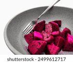 Red Dragon Fruit on Grey Bowl. Isolated on White