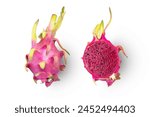 Red dragon fruit (pitaya, pitahaya) with cut half slice isolated on white background, top view, flat lay.