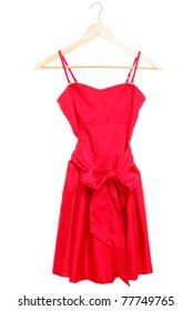 Red Dress On Hanger Isolated On White Background.