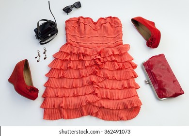 Red Dress, Pair Of Red Suede Shoes And Hand Bag, Set, Overhead Shoot 