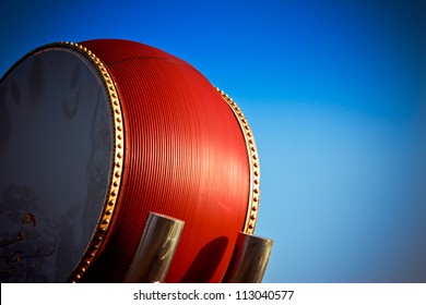 Red Drum Set With Background Of Blue Sky,Beijing,China