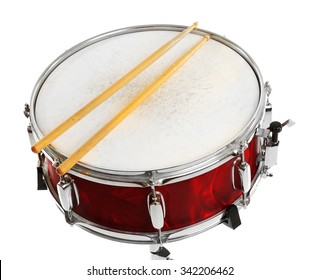 Red drum with drum sticks isolated on white background