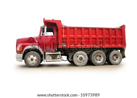Red dump truck with natural shadow, isolated on white [names removed].