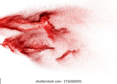 Red Dust Particles Explosion On White Background.Red Sand Splatter.