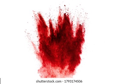Red Dust Particles Explosion On White Background.Red Sand Splash.