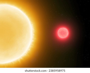Red dwarf star near the sun. Comparison of luminosity and sizes of stars of different classes.