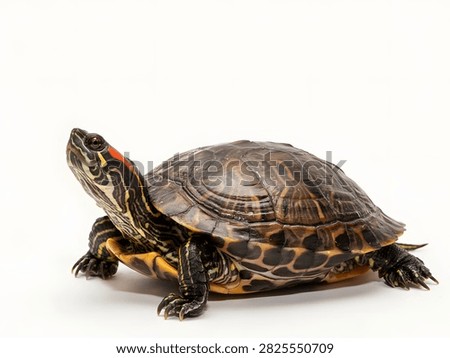 A red eared slider turtle stands on a white background