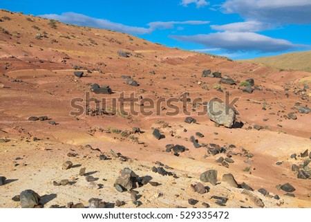Red earth and blue sky in a wonderful location on the border of Altai and Mongolia