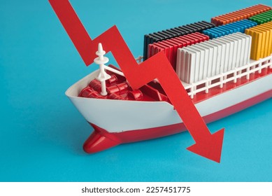 Red economy graph chart falling down collapse with cargo containers ship on sea blue background. Global world economic recession crisis, FED increase hike interest rates, inflation, GDP down concept.
