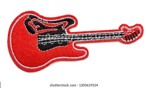 Red Electro Guitar Fabric Patch Isolated On White. Good Decorative Detail To Customize Rock Musician's Clothing.